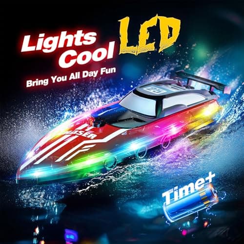 JOI MEW RC Boat for Kids with LED Lights, 2.4Ghz Remote Control Racing Boats for 8-12,Toy Water Boat for Pools & Lakes with Waterproof,Rechargeable Battery, for Boys Girls RED 4