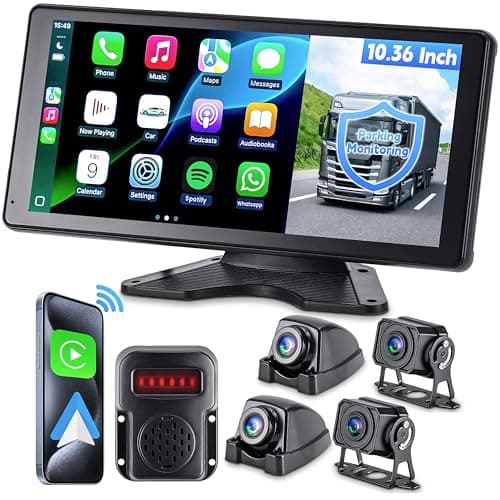 RV Camera System with CarPlay & Android Auto, 10.36'' Monitor with Blind Spot Detection/Parking Monitoring/Voice Control/DVR/Navigation, 4 1080P Backup Camera System for Semi Truck Trailer Camper