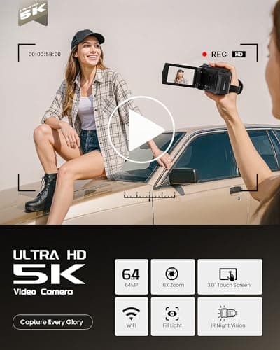 5K Video Camera Camcorder, UHD 64MP Vlogging Camera for YouTube with 3" 270° Rotatable Touch Screen, Digital Camera with IR Night Vision, 16X Zoom/WiFi/Webcam/HD/32GB Card/2 Batteries/Microphone 2