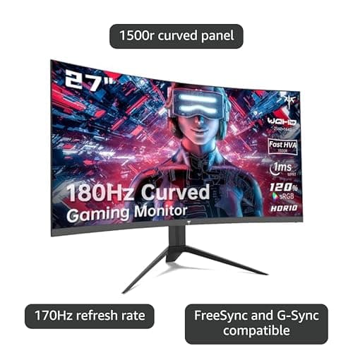 KTC 27 inch Gaming Monitor, 1440P Curved Monitor, 180Hz, 144Hz, 2K, 1500R, 1ms, FreeSync/G-Sync Compatible, DisplayPort/HDMI/USB, Ultrawide PC Vesa/Wall Mount Computer Monitor, H27S17 3