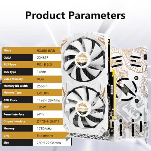 SURALLOW RX 580 8GB Graphics Card, 2048SP,GDDR5,256 Bit Graphics Card for Gaming PC,PCIE 3.0,Twin Freeze Fans Computer Video Card with HDMI/DP/Ports 2