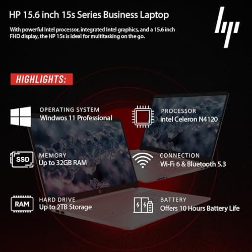 HP 2026 New Generation 15.6'' Business and Student Laptop, Intel Powerful Processor, 16GB RAM, 256GB SSD, Ultra Quiet Design, Long Battery Life, Bluetooth 5, Wi-Fi 6, SD Card Reader, Windows 11, WOWPC 3