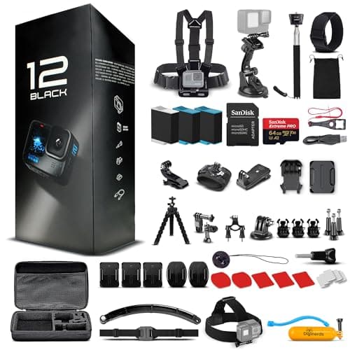 GoPro HERO12 (Hero 12) Black - with 50 Piece Accessory Kit and 2 Extra Batteries + 64GB Card - Waterproof Action Camera - 5.3K HDR, 27MP Photos, 1/1.9" Sensor, Live Streaming, Webcam, Stabilization