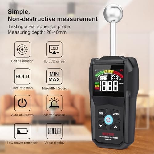 MESTEK Pinless Moisture Meter for Wood, Walls & Drywall, Digital Moisture Detector, Concrete Moisture Meter & Firewood Reader, Detects up to 40mm Below Surface with 3-Color LCD Display, Audible Alarm 2