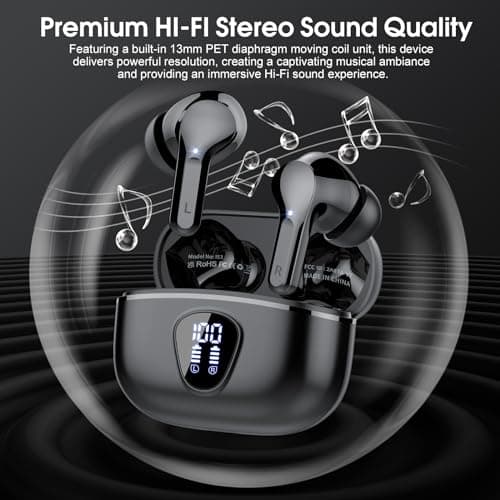 Wireless Earbuds, Bluetooth 5.4 Headphones HiFi Stereo, Bluetooth Earbuds with ENC Noise Cancelling Mic, IP7 Waterproof in Ear Earphones, 48H, LED Display Ear buds for Pad Phones Workout Sports, Black 3