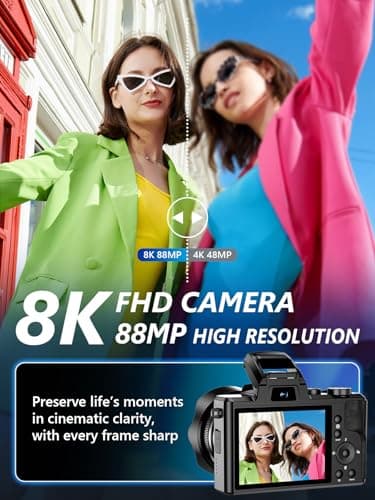 8K Digital Camera, 88MP WiFi Cameras for Photography with 3.2" Touchscreen, 16X Zoom Autofocus Vlogging Camera for YouTube Video, Anti-Shake, Dual Camera, 2 Batteries, 64GB Card, Flash, Lens Hood 2