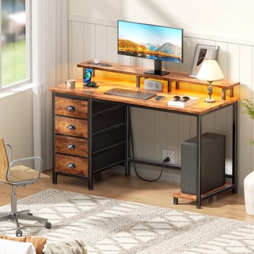 Furologee 47" Computer Desk with 4 Fabric Drawers & Monitor Stand, Gaming Desk with Power Outlets - LED Lights, Home Office Space-Saving Study Table for Bedroom Small Spaces (Rustic Brown) 2