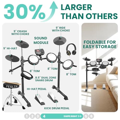 Fesley FED150W Electric Drum Set: Dual Zone Snare Drum,2 Cymbals w/Choke, 200 Sounds, 4 Quiet Mesh Drum Pads, Portable Electronic Drum Kit for Beginner, Bluetooth, MIDI, Throne, Headphone, Sticks 5