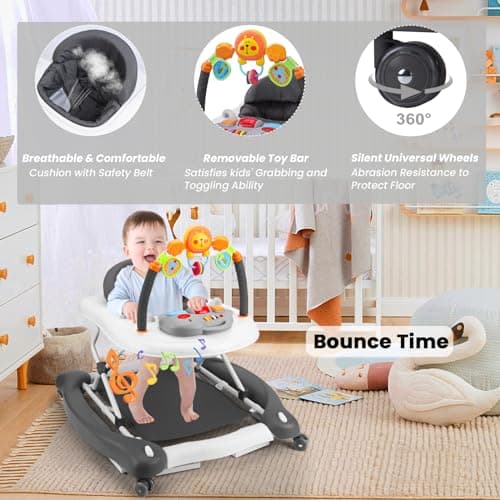Baby Walker, 5-in-1 Baby Walkers for Boys and Girls 6-12 Months with Bouncer, Removable Footrest, Feeding Tray & Music, Foldable & Adjustable Activity Walker for 6-18 Months Toddler Infant 5