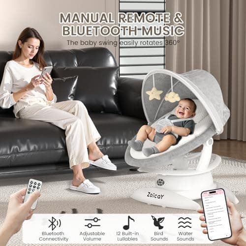 3-in-1 Baby Swing for Infants with Motion Detection, Electric Baby Swing with 3 Swing Modes, 12 Lullabies & 5-Speeds & Removable Swing Seat, BT Enabled & 360°Rotating Seat and Manual Remote, White 4
