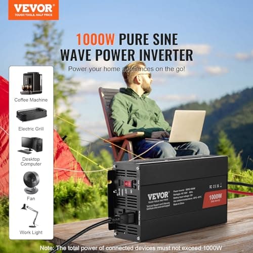 VEVOR 1000W Pure Sine Wave Inverter, DC 12V to AC 120V Power Inverter with 2 AC Outlets 1 USB Port 1 Type-C Port, Remote Control for Small Home Devices Like Smartphone Laptop, CE FCC Certified 2