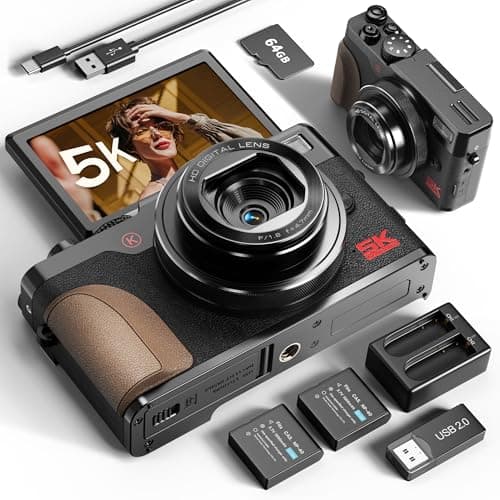 True 5K Digital Cameras for Photography 64MP - Autofocus 18X Zoom, with 3'' 180° Flip Screen, 64GB TF Card & 2 Batteries, Compact Travel Vlogging Camera for YouTube Beginners (Black)