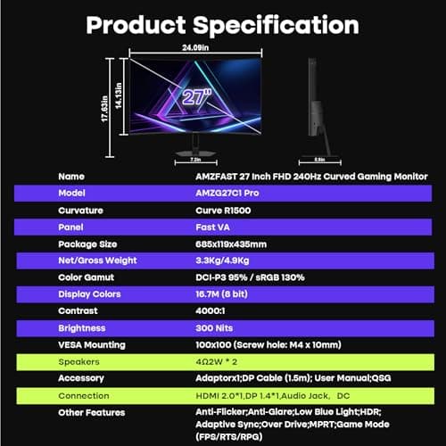 Amzfast 27 inch 240Hz Curved Gaming Monitor, FHD 1080P Monitor Gaming with Upgraded Built-in Speakers, MPRT 1ms with Fast VA Panel | 130% sRGB, 4000:1,1500R | 12 Months Warranty Exchange 5