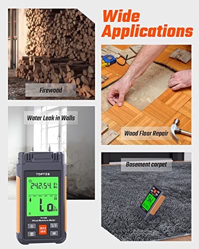 Wood Moisture Meter, TopTes Digital Moisture Meter TS-630, Handheld Humidity Tester with 2.25-inch LCD Display, Tricolor Backlight, Check The Dampness Level on Firewood/Drywall - Orange 5