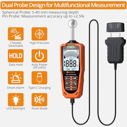 Neoteck 2-in-1 Dual Probe Moisture Meter 40mm Spherical Moisture Reader & ±2.5% Accuracy Pin Moisture Meter with LCD Display and Audio Alarm for Wood Wall Concrete Drywall Firewood Lumber 2