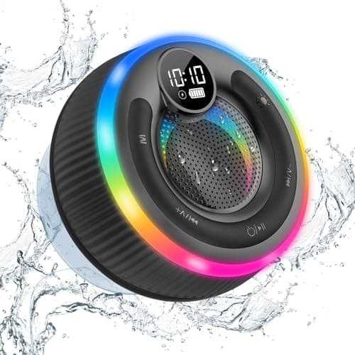 Bluetooth Speaker, Shower Speaker Stereo Sound, IPX7 Waterproof Speakers, Digital Display Portable Speaker with Suction Cup, LED Light, Small Wireless Speakers for Outdoor Party Beach Bathroom, Black