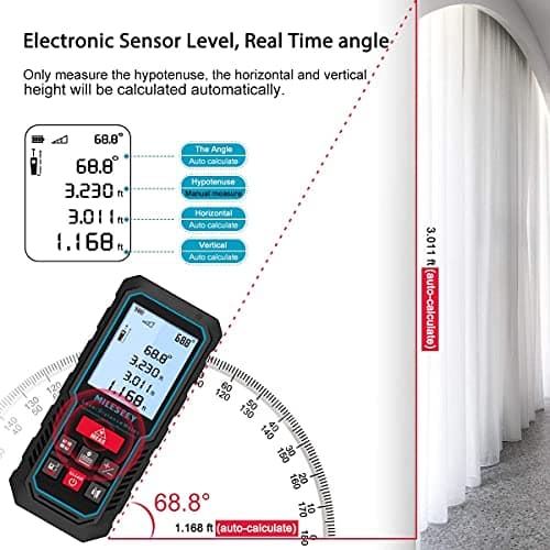 Laser Measure Device, MiLESEEY 229ft Digital Laser Tape Measure with Upgrade Electronic Angle Sensor, 2mm Accuracy, Area Measurement,Volume and Pythagoras, 2" LCD Backlit,Mute, Battery Included 3