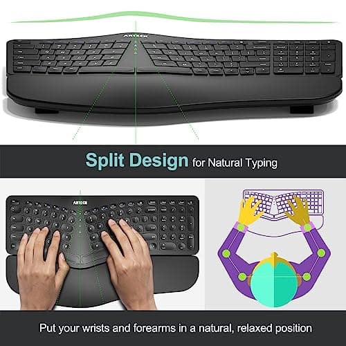 Arteck Split Ergonomic Keyboard with Cushioned Wrist and Palm Rest, 2.4G USB Wireless Comfortable Natural Ergonomic Split Keyboard, for Windows Computer Desktop Laptop 2