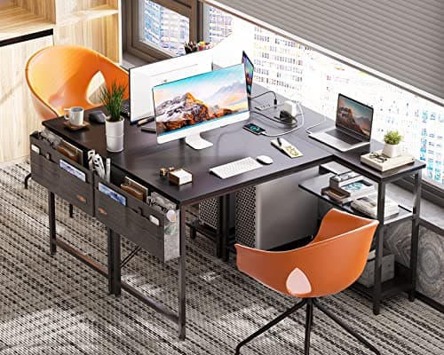 ODK 40 Inch Small L Shaped Gaming Computer Desk with Power Outlets, Reversible Storage Shelves & PC Stand for Home Office, Simple Writing Study Table with Storage Bag for Small Space, Black 4