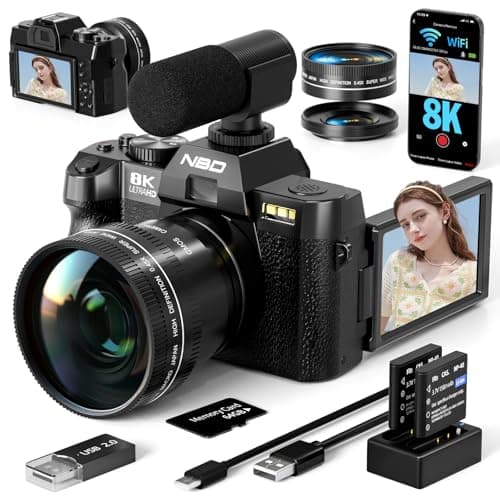 8K Digital Cameras for Photography 64MP - 16X Zoom Autofocus, WiFi, 180° Flip Screen with Wide-Angle & Macro Lens, Vlogging Camera for YouTube Travel with 64GB TF Card, 2 Batteries & Mic (Black)