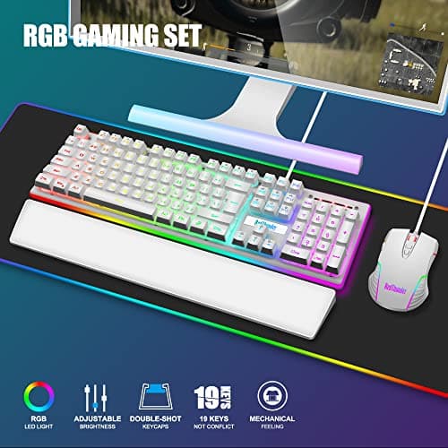 RedThunder K10 Wired Gaming Keyboard and Mouse and Wrist Rest Combo, RGB Backlit, Mechanical Feel Anti-ghosting Keyboard + 7D 7200 DPI Mice+Soft Leather Wrist Rest 3 in 1 PC Gamer Accessories(White) 2