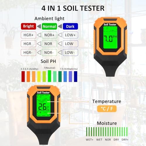 4-in-1 Soil Moisture Meter Digital PH Meter/Soil Moisture/Plant Temperature/Sunlight Intensity, Backlight LCD Display, Soil Test Meter for Garden, Lawn, Plant Care, Farm and Indoor Outdoor Plants 4
