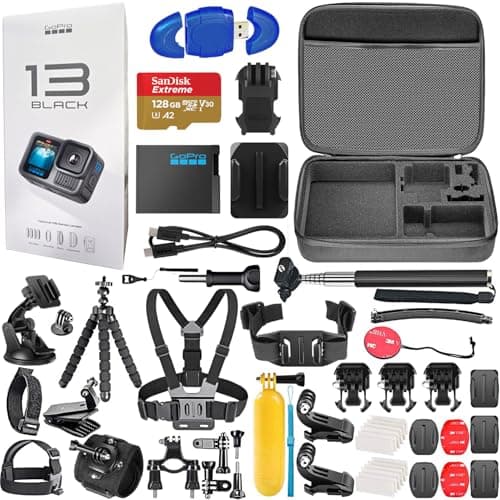 GoPro HERO13 (Hero 13) Black - Waterproof Action Camera with 5.3K Ultra HD Video, 27MP Photos, Live Streaming, Webcam, Stabilization + 128GB Card, 50 Piece Accessory Kit - Bundle