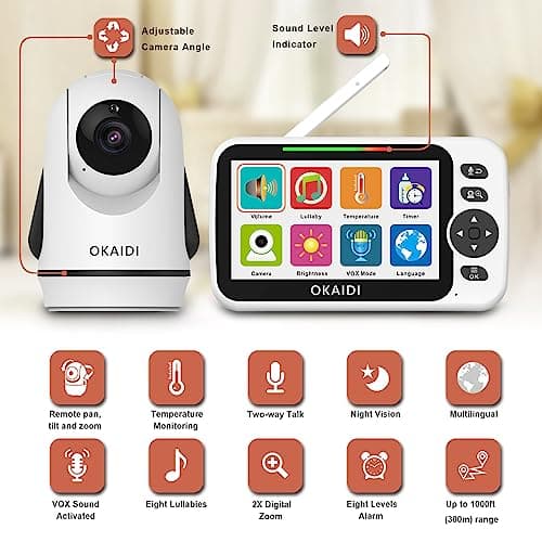 OKAIDI Video Baby Monitor with Camera and Audio, 5" Display Baby Monitor No WiFi, 30H Battery and 1000ft Range, Remote Pan-Tilt-Zoom Baby Camera, Night Vision, 2-Way Talk, ECO, Temperature, Lullaby 2