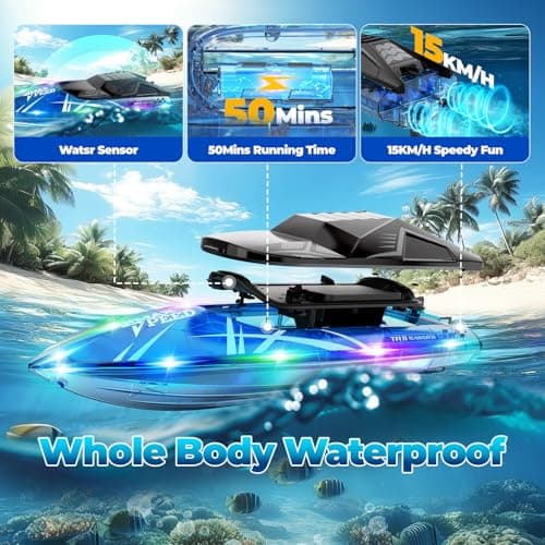 TOLLCY Remote Control Boat for Kids, 2Pack RC Boats with LED Lights for Pools Lakes River & Bathtub, 2.4Ghz Control, Whole Body Waterproof, 2 Rechargeable Batteries Summer Water Toys 5
