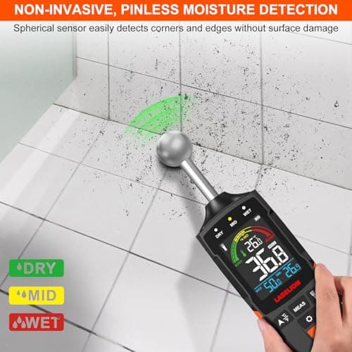 LASELION MS04 Pinless Moisture Meter with Ball Probe for Non-Destructive Area Scans Ideal for Wood Walls and Construction Materials Customizable Humidity Alarms Built-in Flashlight 3