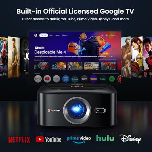 1500 ANSI Official Licensed Google TV Smart Projector, HAPPRUN 4K Full HD Home Theater with Auto Focus, Dolby Sound, Wi-Fi Bluetooth, Built-in Apps, Compatible with Phone & PC, Indoor & Outdoor Use 2