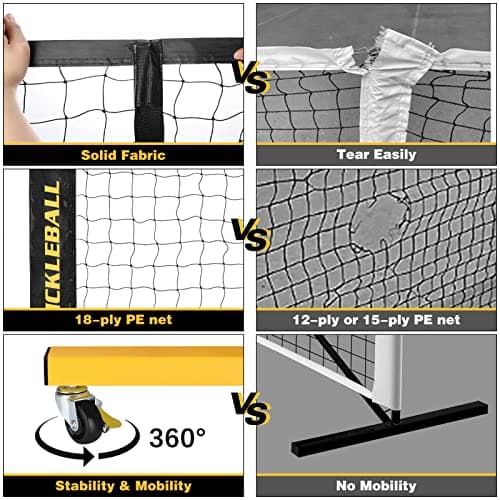 Fostoy Portable Pickleball Net with Wheels, Regulation Size 22 FT & Half Court 11 FT, Steady Metal Frame for Backyards, Driveways, and Garages (Black&Yellow) 5