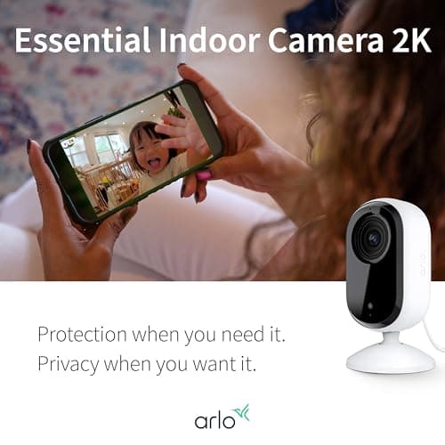 Arlo Essential Security Camera 2K | Indoor Only| 2nd Gen | Baby Monitor & Pet Camera | Wired Automated Privacy Shield, 2-Way Audio, Night Vision, Live Stream, Motion Alerts & Notifications White,1 Cam 4