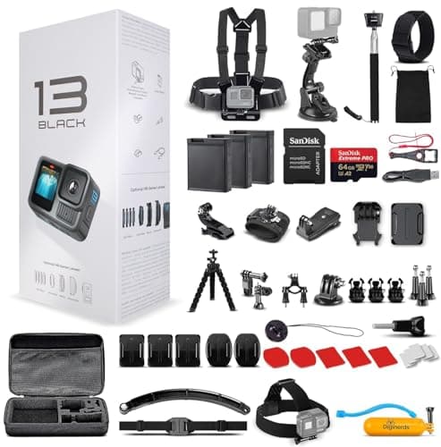 GoPro HERO13 (Hero 13) Black - with 50 Piece Accessory Kit and 2 Extra Batteries + 64GB Card - Waterproof Action Camera - 5.3K HDR, 27MP Photos, 1/1.9" Sensor, Live Streaming, Webcam, Stabilization
