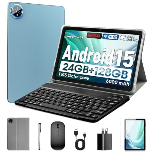 Aobante 10 Inch Tablet, Android 15 with 24GB RAM + 128GB ROM (1TB Expandable), Octa-Core, 1280x800 IPS HD Touchscreen, 5MP+8MP Dual Camera, 6000mAh, Tablet with Keyboard, Mouse, Widevine L1(Blue)