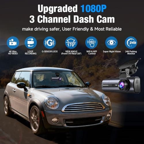 3 Channel 4K Dash Cam with 5GHz WiFi & APP Control, 4K/2.5K+1080P+1080P Front Inside and Rear, Triple Dash Camera with 64GB Card, G-Sensor, 24 Hours Parking Mode, Loop Recording, Night Vision 3