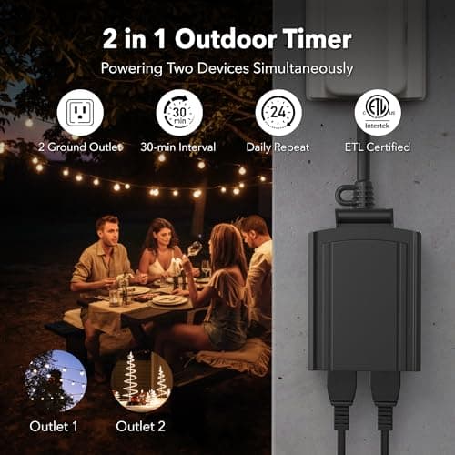 BN-LINK 24 Hour Heavy Duty Mechanical Timer, Outdoor Timer Outlet Waterproof with 30 Minutes Intervals, 2 Grounded Outlets for Christmas Lights Pool Pump,15A 1/2HP, ETL Listed 2