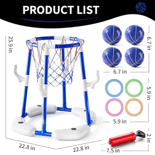 2-in-1 Pool Basketball Hoop & Ring Games with 4 Balls 12 Rings and Pump, Summer Water Outdoor Party Swimming Pool Toys Games for Kids Ages 4-8 8-12 Adult, Family Party Easter Birthday Games Toys 4