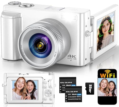 4K Digital Camera for Photography Autofocus, 64MP WiFi Vlogging Camera for YouTube with 2 Batteries, SD Card, 3" 180°Flip Screen Selfie Compact Travel Camera for Teens with 16X Zoom, Anti-Shake, White