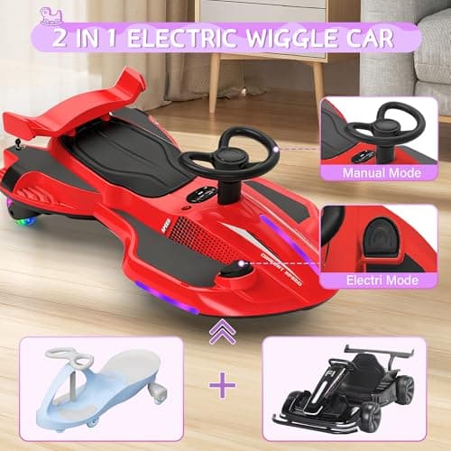 12V Electric Wiggle Car with Pedal for Kids, Rechargeable 2 in 1 Swing Car, Drifting Ride On Toys with Backrest, Anti-Rollover, Spray, Flashing Light, Music, for Ages 3 and Up, 150 Lbs (Red-Black) 4