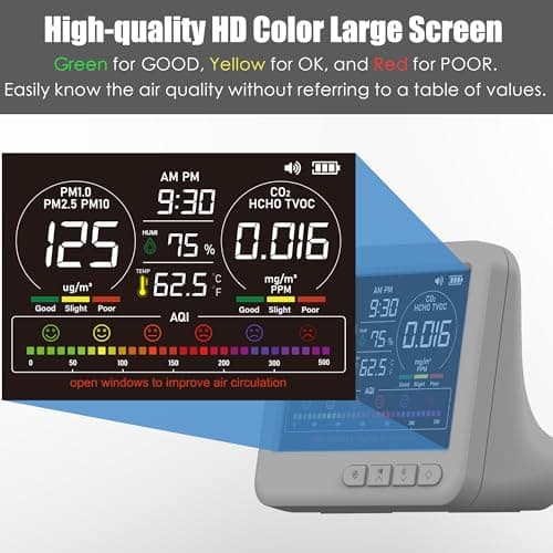 Professional Indoor Air Quality Monitor with 7X AQI,16 in 1 Portable Real-Time Detector for PM2.5 | PM10 | CO2 | TVOC | HCHO | Temp | Hum for Home Cars Plants Pets (Gray) 5