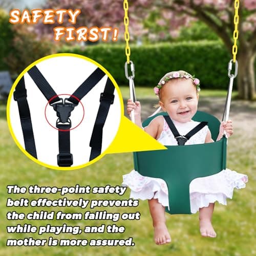 High Back Full Bucket Toddler Swing Seat with 3- Point Adjustable Safety Harness, 66 inch Detachable Chain,Suitable for Babies Aged 6-24 Months，Baby Swing for Swingset (Green) 4
