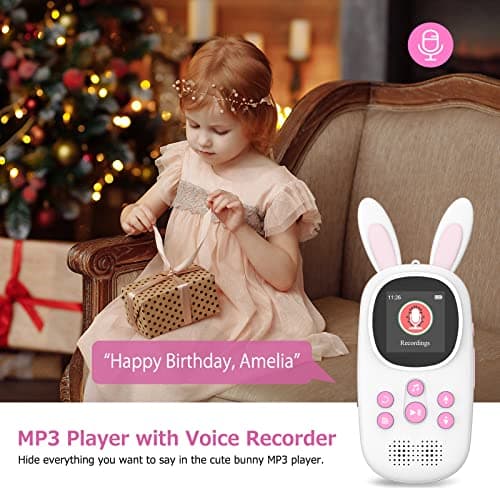 Mp3 Player for Kids, Cute Bunny Kids Mp3 Player with Bluetooth, 32GB Mp3 Players with Speaker, FM Radio, Recordings, Alarm, Pedometer, Stopwatch, Support up to 128GB 4
