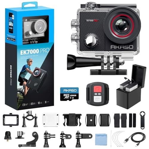AKASO EK7000 Pro 4K30fps Action Camera with Touch Screen EIS 131ft Waterproof Underwater Camera Remote Control 5X Zoom with Helmet Accessories Kit (with 128GB MicroSD Card)
