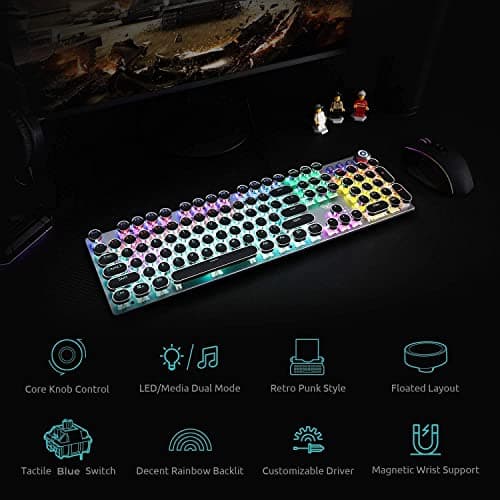 AULA F2088 Typewriter Style Mechanical Gaming Keyboard Wired,Blue Switches,Rainbow LED Backlit,Removable Wrist Rest,Media Control Knob,Retro Punk Round Keycaps,USB Wired Computer Keyboard 5