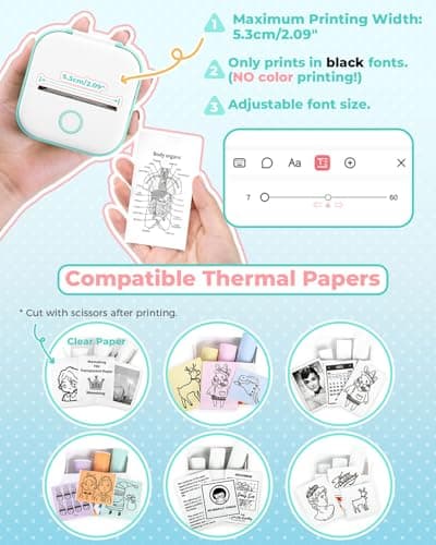 Memoking Sticker Printer - T02 Mini Printer Print Pods Portable Thermal Inkless Sticker Maker Machine Bluetooth Pocket Impresora Portátil Instant Print for Notes, Anatomical Diagrams, Journal,DIY,Gift 6