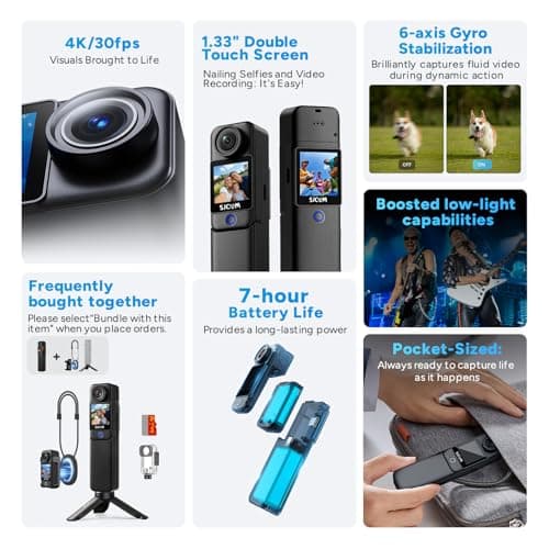 SJCAM C300 Pocket Travel Action Camera 4K,7Hour Power,154° Wide FOV Video Recording,6-Axis Stabilization,Dual-Touch Screen Body Camera,30M Waterproof,Vlogging YouTube Live Streaming,Black 64G Card 2