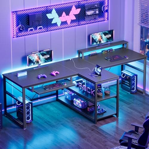 SEDETA 94.5" Gaming Computer Desk, 2 Person Office Desk with Storage, LED Lights, Power Strip, Long Desks with Keyboard Tray & Monitor Stand for Home Office, Carbon Fiber Black