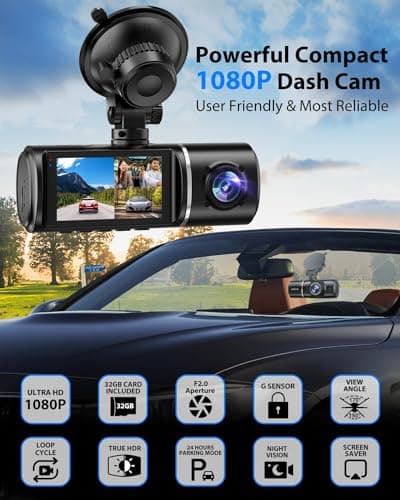 Dash Cam Front and Rear, 1080P Dash Camera for Cars, 3 Channel Car Camera Front Rear and Inside with 32GB Card, Loop Recording, Night Vision, HDR, 24Hr Parking, G-Sensor pcs 3
