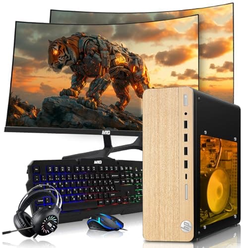 HP Full Light Gaming PC Desktop Computer – AMD Pro A10-9700,RX 550 Graphics,16GB RAM,512GB SSD,Dual 27 Inch Curved Monitor,RGB Keyboard with AI Copilot,Mouse,WiFi,RGB Headphone,Windows 11(Renewed)